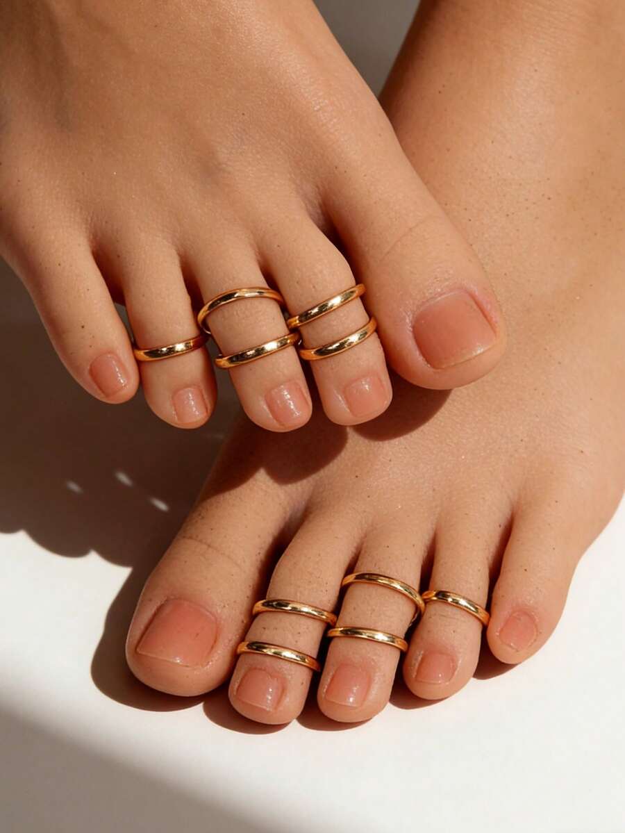 10 件装银色可调节脚趾环，女士简约可叠戴脚部饰品，夏季沙滩赤脚配饰 - 腳戒10件 - 查看 1