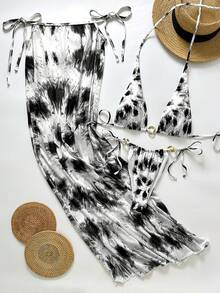 Bộ bikini buộc dây cổ kiểu yếm thanh lịch dành cho nữ, thích hợp cho mùa tốt nghiệp, bộ đồ liền thân họa tiết da báo buộc dây phía sau, lý tưởng cho kỳ nghỉ hè ở bãi biển. - Màu Xám nhạt - Xem 4