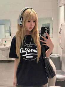 2026夏季新款女式圆领休闲宽松英文印花图案T恤，街头时尚百搭短袖T恤 - 黑色 - 查看 1