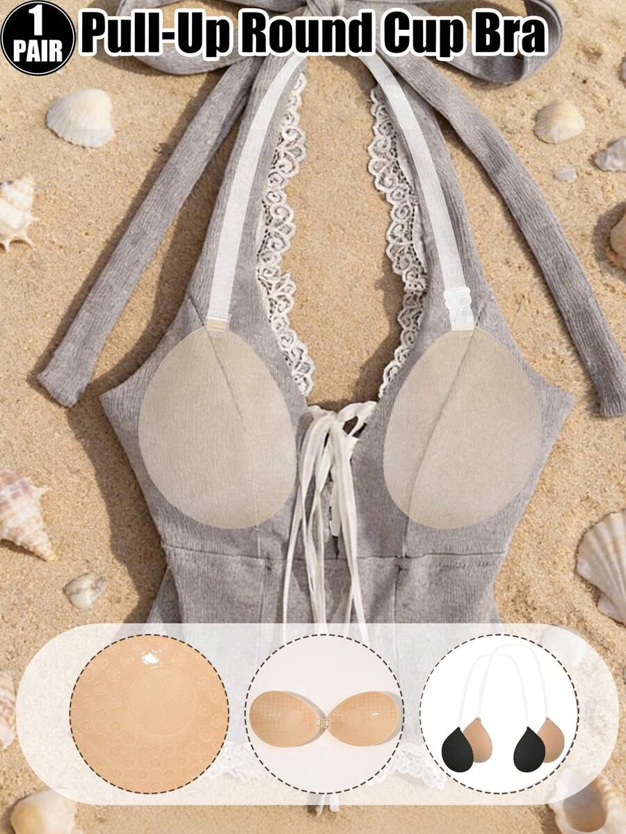 1 Pair Women Invisible Adhesive Push Up Bra, Strapless With Clear Straps, Reusable Silicone Sticky Bra Perfect For Backless Dresses & Wedding Wear - Multicolor - View 1