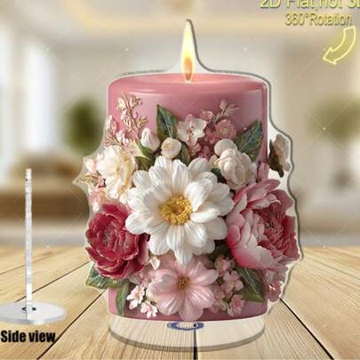 1个/2D扁平粉色圆柱形蜡烛，饰有花卉摆件，底座可360°旋转，无需用电，亚克力材质，适用于婚礼、自然主题活动、圣诞节、情人节、复活节等场合。