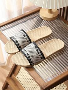 Nouvelles sandales d'été en lin naturel imprimées de lettres pour femmes, mules respirantes polyvalentes en kaki avec croisillons - Noir et Blanc - Voir 5