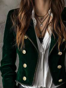 Chaqueta Blazer Retro con Ribete de Color Contrastante para Mujer Vacaciones Otoño - Verde - Ver 4