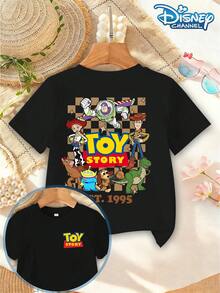 Disney T-Shirt Toy Story T-Shirt With Round Neck Short Sleeved Checkerboard Pattern For Boys And Girls+Toy Story All Staff Print+"EST.1995" Logo Retro Casual Style Suitable For Daily School/Parent-Child Interaction/Theme Parties In Summer - 黑色 - 查看 2