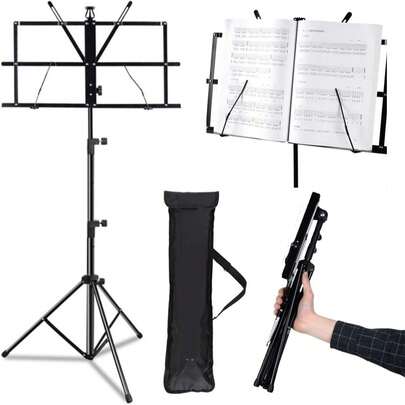 1个可调节高度便携式折叠金属乐谱架，带收纳袋，方便存放或旅行，适用于小型木管乐器。多种颜色可选，是理想的音乐配件和礼品。
