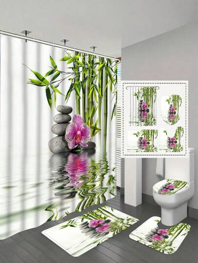 1/4pcs Elegant Bamboo Orchid Shower Curtain Set With 12 Hooks, Includes Bath Mat, U-Shaped Rug, Toilet Seat Cover - Perfect For Seasonal Home Decor