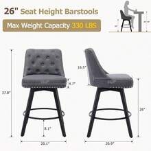 2pcs modernos tabuletos giratorios de la barra conjunto con patas de madera maciza, tabuletos de la barra de la altura del contador con la espalda, tejido de lino tapizado tabuletos de la barra para la isla de la cocina, 26 "H asiento - Lino gris - Ver 2
