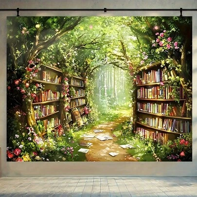 1pc 2D Flat Magic Forest Library Backdrop - Featuring Unique Pathways And Bookshelves Layout - Ideal For Classroom, Library, School Events, Party Decor, And Home Background - Great For Photography