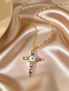 Vintage Devil's Eye Cross Necklace, Colorful Rhinestone Inlaid Delicate Choker, Luxury Lightweight Necklace - Multicolor - View 15