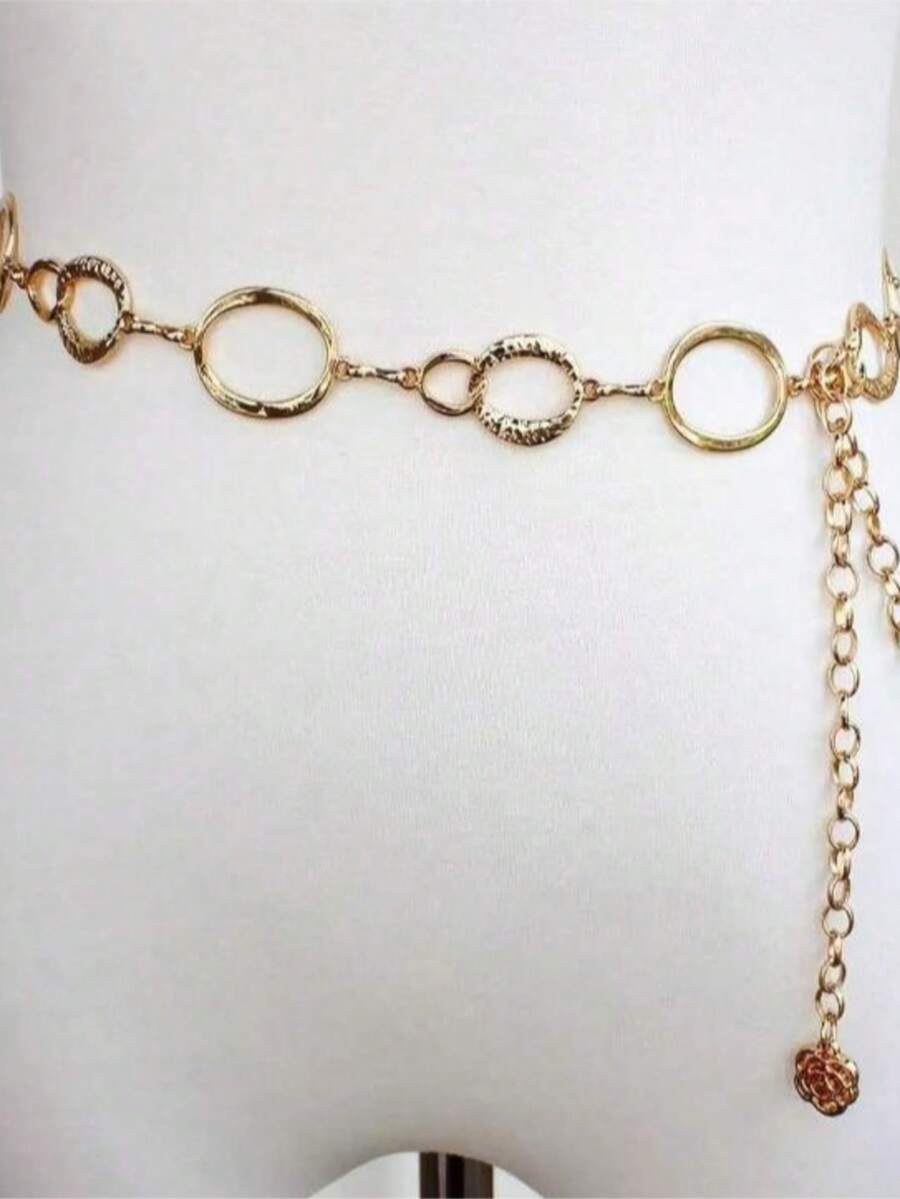 1条可调节银合金链条腰带，金属链条装饰腰带，简约百搭的连衣裙腰链配饰，波西米亚风格 - 金色 - 查看 1