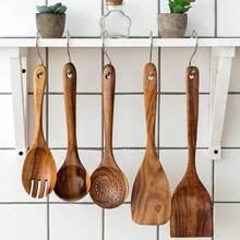 Juego de 7 utensilios de cocina de boj de alta calidad, que incluye espátula, colador de arroz, cucharón de sopa, escurridor y cuchara de cocina, espátula para la cocina, regalo para fiestas - Color de la madera - Ver 2