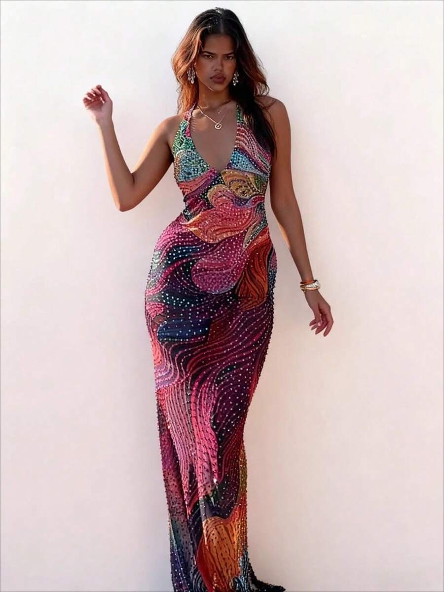 Color Sequins Neck Deep V Long Dress Women, Slim Split Dress Dress, Dinner Party Gradual Change Print Dress - 玫紅色 - 查看 1