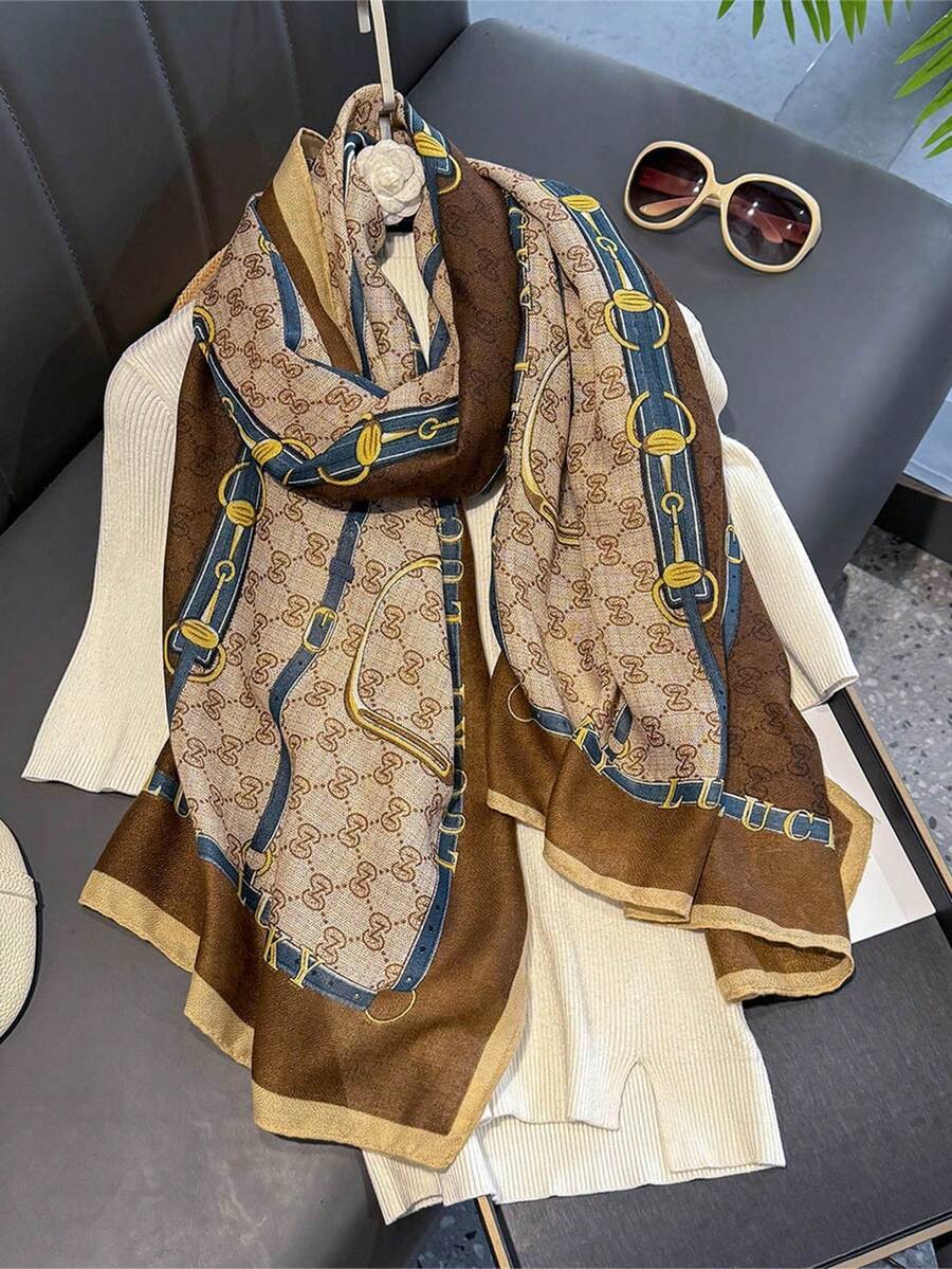 1pc Lucky Printed Scarf, Linen Material, Elegant Retro Jacquard Satin, Cashew Flower Long Scarf/Shawl - Caramel Chain - View 1