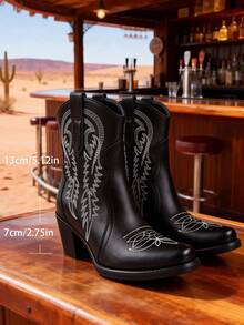 新款时尚女士刺绣粗跟方头中筒西部靴 - 黑色 - 查看 7
