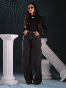 Women's Premium High-Waisted Black Cargo Jeans With Glitter - 黑色 - 查看 2