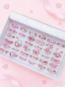 10pcs/Pack Girl's Fashion Mixed Pink Cubic Zirconia Open Ring Set, Personalized Party Gift Daily Jewelry - 10 Random Pink Rings - View 3