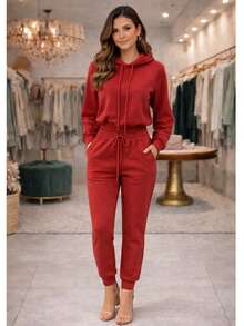 Women's 2-Ply Fleece Tracksuit Set, Winter Fashion, Cold Weather. - 紅色 - 查看 1