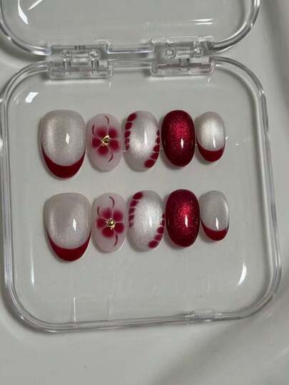 10Pcs Short Oval Red & Silver Press-On Nails - Handmade Festive New Year Style With Hand-Painted Red Floral Accents, Gold Rhinestone Centers, Glitter Red Panels & Ombre French Tips | Reusable & Removable False Nails, Perfect For Holiday Parties, Weddings & Daily Wear | Ready To Wear In 2 Mins, No Nail Polish Needed | Includes 1pc Jelly Glue & 1 Mini Nail File