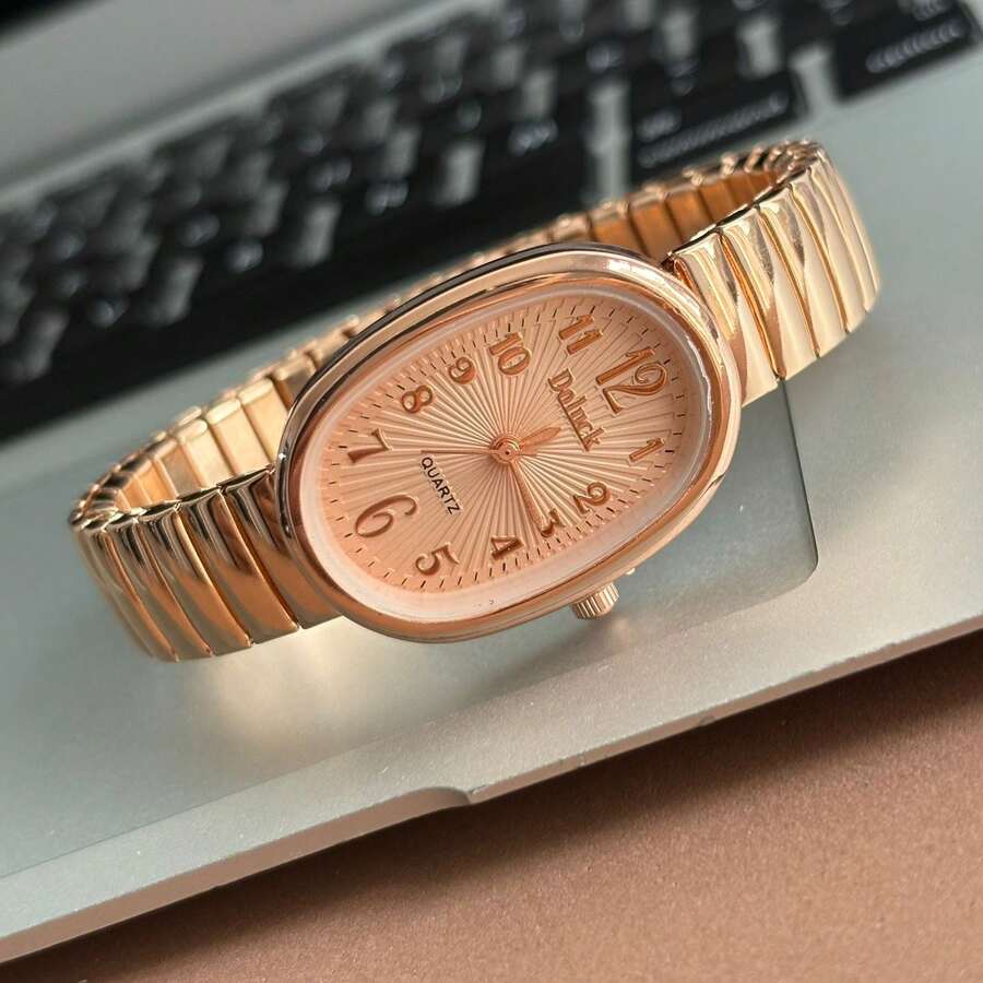 Women's Watch With Oval Dial - Inspired Design - Elastic Strap - Quartz - Silver, Rose Gold - 紫色 - 查看 1