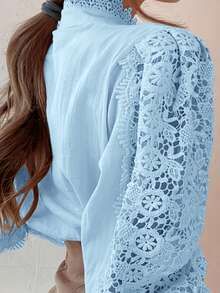 Women's Lace Floral Mandarin Collar Button-Up Hollow Blouse Spring - Light Blue - View 2