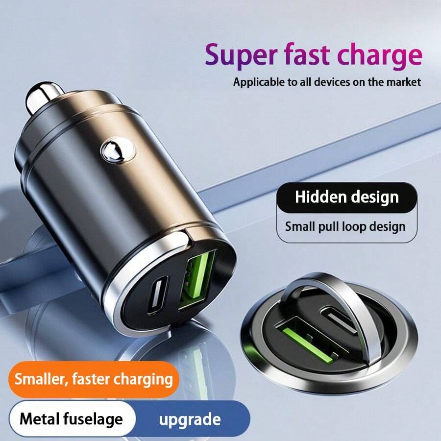 1 قطعة شاحن سيارة صغير الحجم وقوي، مصنوع من سبيكة ألومنيوم فاخرة، مع منفذ USB-A واحد ومنفذ Type-C واحد، محول شحن سريع للسيارة 12-24 فولت مناسب للهواتف المختلفة، التصميم المدمج يجعله هدية رائعة للسائقين - A - مشاهدة 1