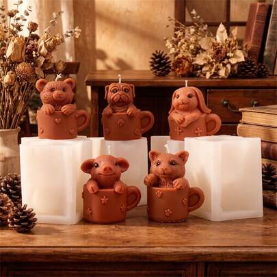 3D立体杯熊硅胶蜡烛模具，3D可爱动物造型（狗、兔子、猪、猫）香氛蜡烛模具，适用于DIY房间装饰蜡烛和手工礼品