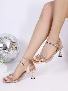 Sandalias de tacón alto con tira única y punta cuadrada, con adornos de lentejuelas y rhinestones, elegantes y de moda, apropiadas para primavera/verano - Dorado - Ver 4
