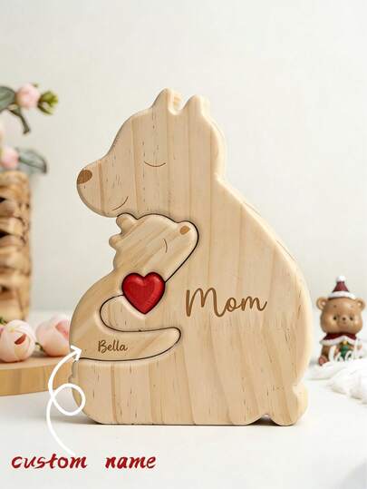 1 Stück personalisiertes hölzernes Puzzle mit umarmendem Bärenfamilie, individualisierbar mit 2-4 Namen, Muttertagsgeschenk, Heimdekoration, Geburtstag der Mutter