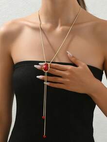 1件法式魅力经典红色巴洛克仿珍珠镶嵌不规则珍珠长项链，时尚女士度假、派对、婚礼、约会配饰项链 - 紅色 - 查看 2