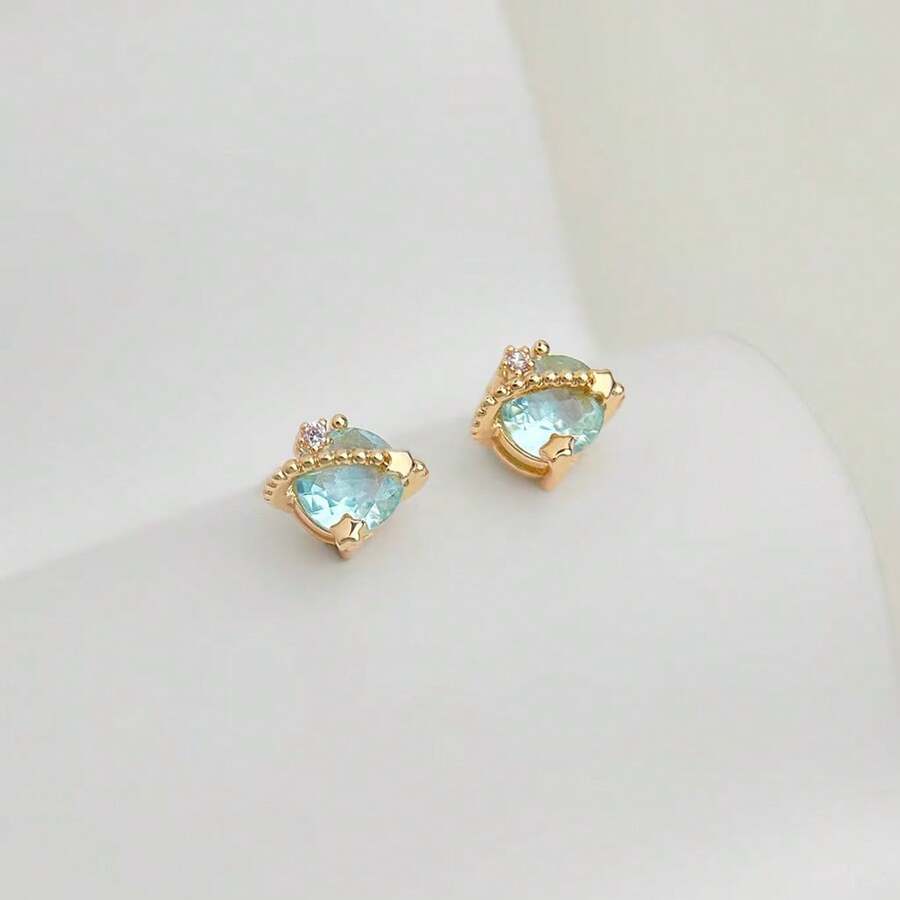 1对海蓝色蝴蝶星形耳钉套装，奢华时尚优雅耳环，百搭清新的女士珠宝 - 藍鑽1 - 查看 1