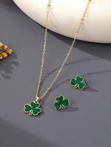 3pcs/Set Green Clover Earrings & Necklace Set, Elegant Fashion Jewelry For St. Patrick's Day, Suitable For Daily Wear, Gift For Girlfriend, Party - Green - View 4