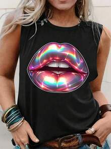Women'S Sleeveless Tank Top With Iridescent Kiss Print - Casual Round Neck Summer Top, Black With Colorful Lips Design, Lightweight Polyester Blend For Casual Attire - màu đen - Xem 2
