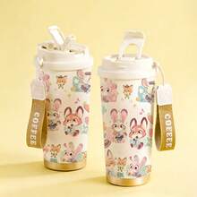 mikenda 1pc 18oz Cute Cartoon Rabbit & Fox Print Stainless Steel Tumbler With Flip Lid & Carry Strap, Vacuum Insulated Travel Coffee Cup, Thermal Water Bottle Keep Hot 12H Cold 24H, Aesthetic Gift For Girls & Women - White - View 3