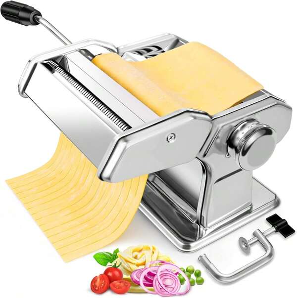 Máquina para hacer pasta - Rodillo para pasta con 7 ajustes de grosor y cortador 2 en 1, máquina de acero inoxidable para espaguetis, fettuccine, raviolis y lasaña - Incluye manivela y abrazadera para mesa