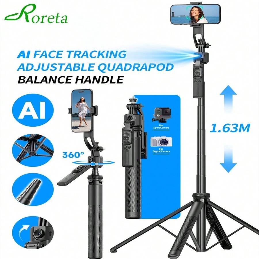 Upgraded Smartphone Gimbal Stabilizer, Selfie Stick, Bluetooth Remote, AI Tracking, Anti-Shake Tripod - Black - View 1