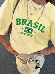夏季新款简约时尚世界杯墨西哥印花休闲圆领短袖T恤，百搭时尚女式上衣 - 黃色 - 查看 3