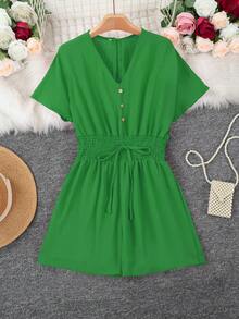 Women's V-Neck Button Jumpsuit Summer Elegant - Green - View 3