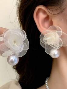 1 Set Fashionable Delicate Textured Faux Pearl Necklace, Sweet Elegant Retro Lace Flower Earrings Jewelry Set, Suitable For Women's Daily, Festival, Date, Wedding, Party Wear - 2-piece Set a - View 4