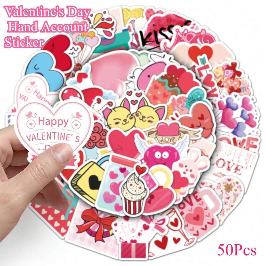 50张心形元素系列粉色个性化涂鸦卡通图案防水贴纸，适用于DIY剪贴簿、滑板、水瓶、行李箱、手机、节日礼物 - 多色的 - 查看 1