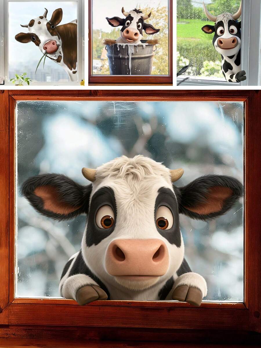 BRUP 1张好奇的偷窥奶牛窗贴，黑白卡通小牛，静电贴纸，适用于儿童房、客厅、厨房窗户，可移除的趣味农场动物主题艺术贴纸 - 多色 - 查看 1