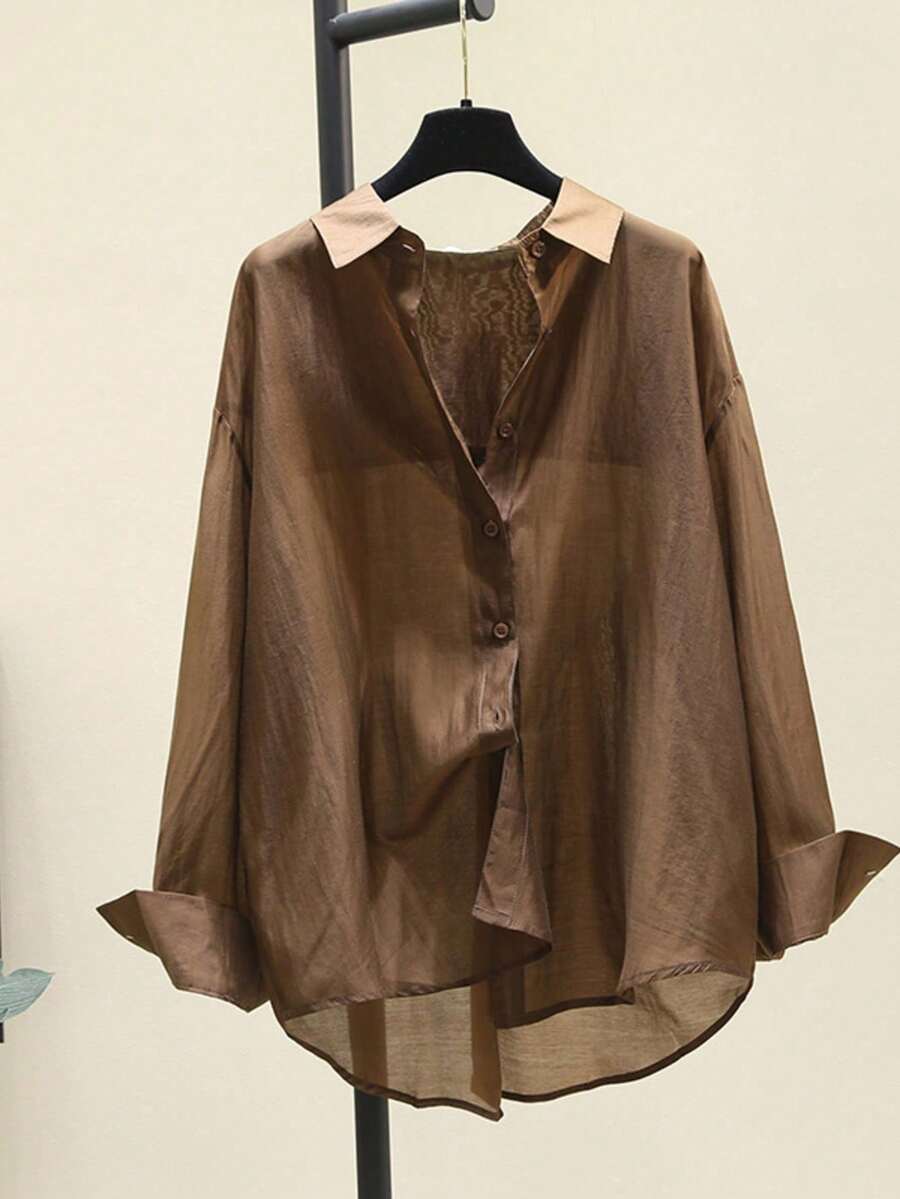 女士撞色落肩长袖前开襟休闲简约半透明衬衫 春季 - 咖色 - 查看 1