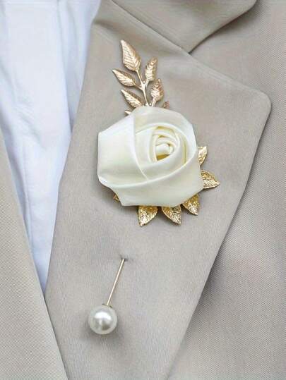 1PC High-End Rose Buds With Metal Corsage, Wedding Corsage, White Corsage, Suitable For Wedding Parties, Groom's Accessory Decoration, Wedding Decor