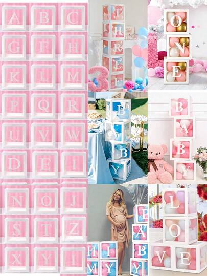1 Set White Baby Shower Decoration Box, Including 1pc 25cm Clear Box With A-Z Letters, White Large Gift Packaging Box For Baby Shower Birthday Party Decorations For Boys Or Girls, BabyBirthday Party Photo Background Decor, Transparent Balloon Boxes Clear Blocks For Baby 1st Birthday Party Decor, Bridal Shower, Gender Reveal Baby Shower Family Decorations Gifts Box, Wedding Decor, Baby Party Supplies, Baby Box With Name For Baby Party Backdrop Decor