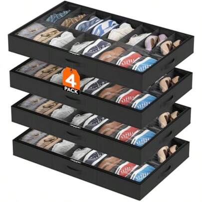 Under Bed Shoe Storage Organizer 3 Pack 12 Pairs 4.3 Tall Fabric Shoes Container Box Foldable Closet Shoe Bag With 2 Reinforced Handles And Clear Cover Black