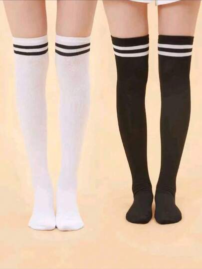 1 Pair Women's Black & White Striped Thigh High Socks, Comfortable Stretchy Over-The-Knee Socks, Seasonal Thigh-High Socks, Fashionable Calf-Length Socks, Suitable For Stage Performance, Party, Sexy Nightclub Outfit, Maid Costume, Y2K Style, Comfortable