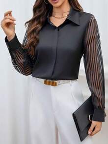 Camisa de manga larga de satén de unicolor y holgada para mujer, nueva llegada de primavera/verano. Blusa de oficina con cremallera delantera de unicolor y parche de malla, color negro. - Negro - Ver 7