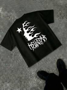 Men's Graphic Print Short Sleeve T-Shirt - Y2K Casual Summer Shirt With Star And Flame Face Design, Adult Black Crew Neck Tee, Breathable Everyday Wear | Gothic Letter Print | Avant-Garde Streetwear - 黑色 - 查看 1