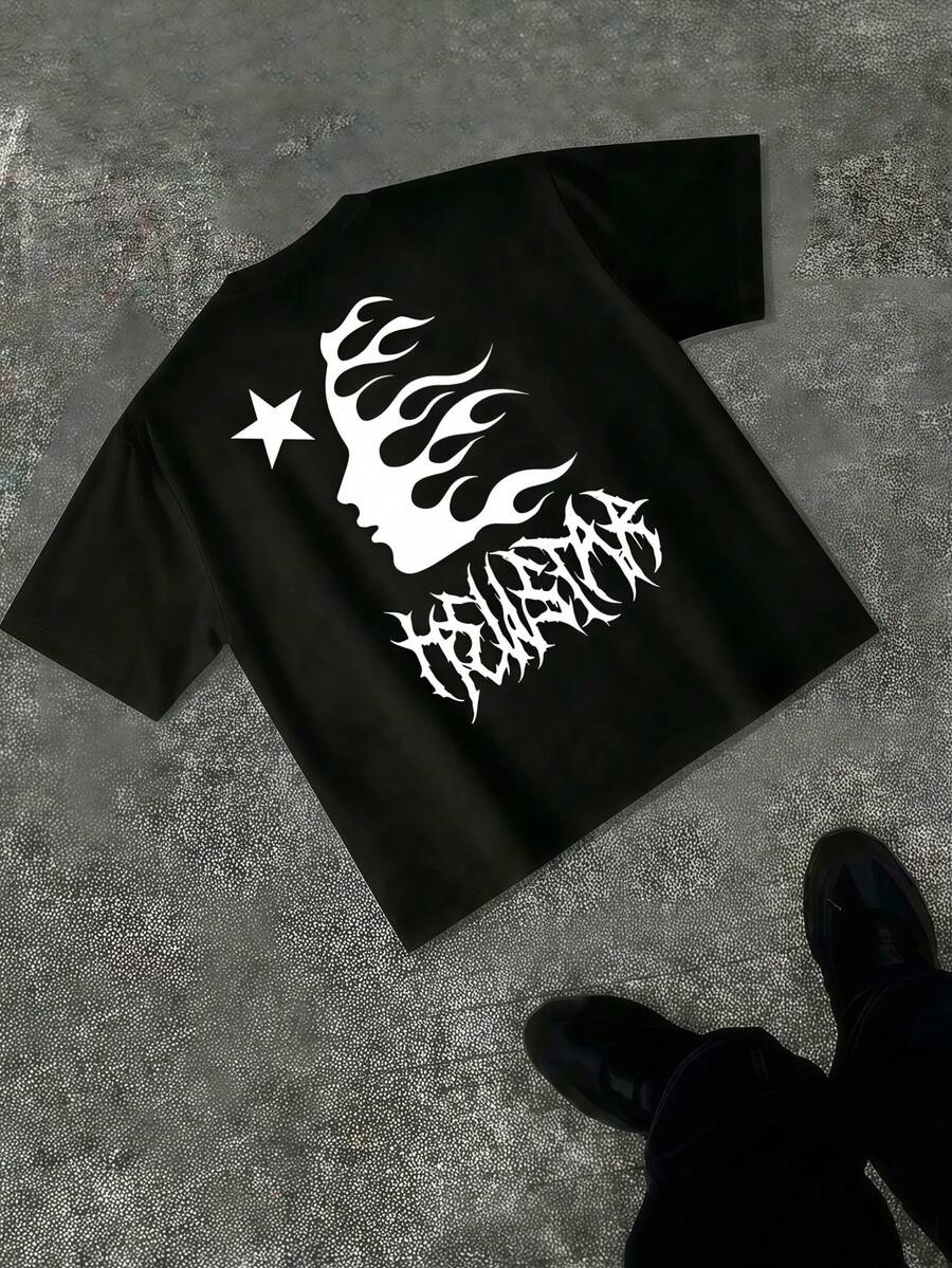 Men's Graphic Print Short Sleeve T-Shirt - Y2K Casual Summer Shirt With Star And Flame Face Design, Adult Black Crew Neck Tee, Breathable Everyday Wear | Gothic Letter Print | Avant-Garde Streetwear - 黑色 - 查看 1