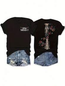 Plus Size, Plus Size Short Sleeve Double-Sided "Grow Through It" Floral Round Neck Fashion T-Shirt For Women - màu đen - Xem 1