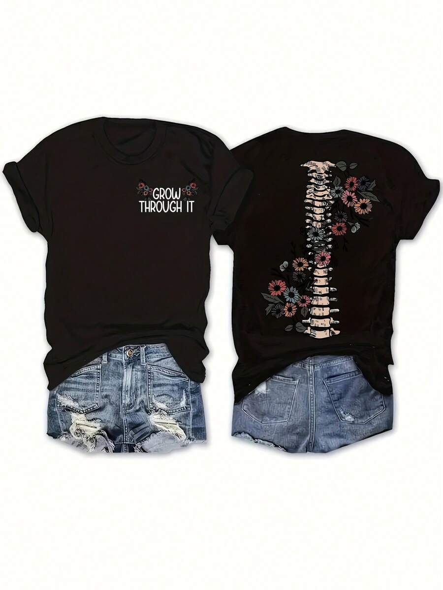 Plus Size, Plus Size Short Sleeve Double-Sided "Grow Through It" Floral Round Neck Fashion T-Shirt For Women - màu đen - Xem 1